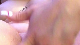 Busty curly brunette with big boobs fucks on couch