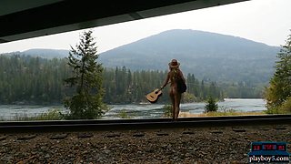 Gorgeous blonde model from Canada striptease outdoor