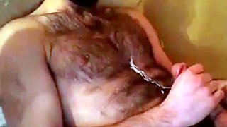 Hairy Stud Shoots Cum All Over Himself