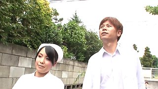 Japan's naughtiest nurse, Miho, flaunts her massive naturals in a steamy MMF threesome