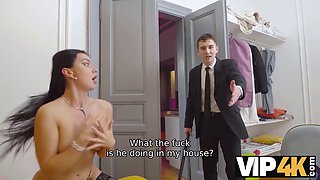Watch Lady Gang & Steve Q cheat on their cuckold husbands with hot brunette in black stockings