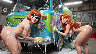 Velma and Daphne Enjoy a Sensual Soapy Nude Car Wash Cleaning the Classic Mystery Machine Van Thoroughly