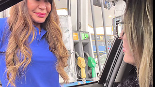 My Husband's Cuckold Got Out of the Car and I Called the Gas Station Attendant to Fuck and She Accepted and Got in the Car and W