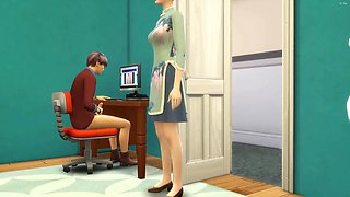 Asian stepmother catches her stepson again fingering in his room watching a porn movie in front of the computer and she determined to help him by having sex with him