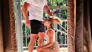 Mature bitch sucks big dick on the balcony