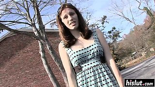 Brunette babe gets fucked in the car