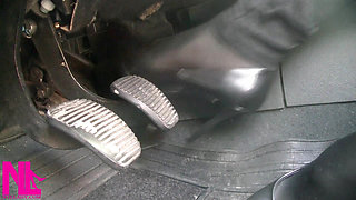 Pedal Pumping in Black Pantyhose and Grey Patent High Heels