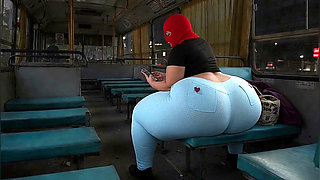 Big Ass Girl in Tight Light Blue Leggings Sitting on the Bus