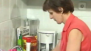 Hairy mature MILF gets plowed in the kitchen