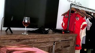 Sexy brunette babe with big cock jerking in solo