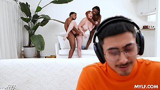 Step-mom takes 2 dicks while nerdy sonny plays games