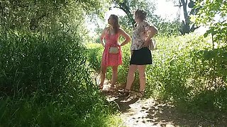 Two Women Pee Outside in Public - Mature MILF & Teen Lesbians Kiss in Red Panties