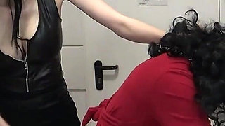 Giant Gothic Mistress Trains Her Little Transvestite to Clean!