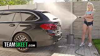 Vera washes the car with her soapy breasts then rails schlong inside
