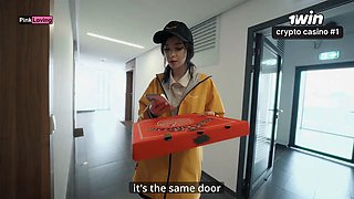 The courier masturbated and squirted on the pizza. She delivered the cum-covered pizza to the customer -