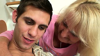 Hairy blonde mother-in-law riding very big meat