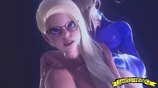 Three-dimensional monster cock with a goat head in a wild scene