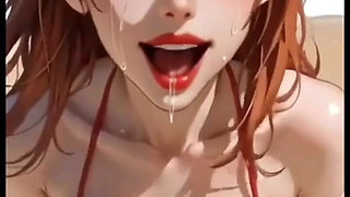 Cute Redhead Bikini Moaning on Beach, Ai Animation