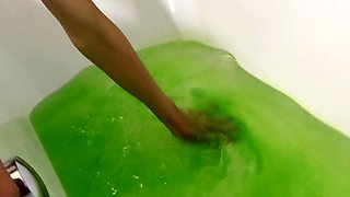 Boobs and Clit play in tub full of sticky gelatin
