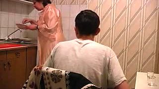 Old chicks screwed in the kitchen by youngster