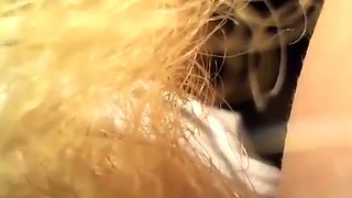 Amateur sexy blonde with huge bush and clit on webcam