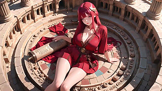 Ancient Stone Corridors Dappled with Light, She Lounges in a Circular Pool Overflowing with Liquid