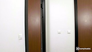 Alluring brunette experiences intense anal with massive dick inside steamy hostel