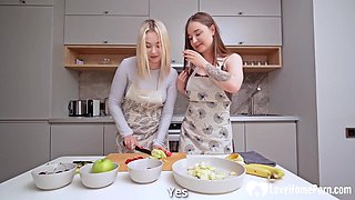 Stepdad fucks our tight slits after cooking