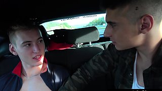 Two Muscular Teen Guys Hot Blowjob Action In Car