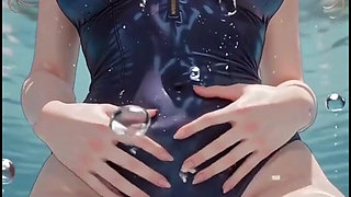 Cute Blonde Relaxing in and Around the Pool in a Swimsuit Anime