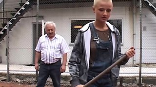 Slut short haired student fucking grandpa