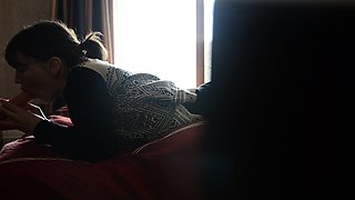 Brunette handjob amateur sensually jerks off her boyfriend