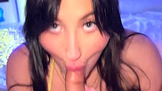 Curvy babe licks nuts and takes dick in POV