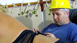 Blonde sexy secretary Ginger was banged by two work colleagues in the workshop