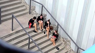 Elegant girls in nylons reveal their lovely feet outside