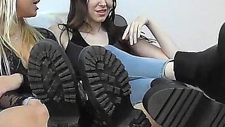 Two Beautiful Chicks Getting Their Feet Worshiped by a Masked Man