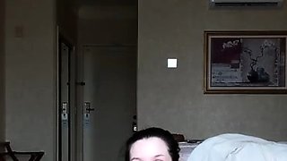 Busty curly brunette with big boobs fucks on couch
