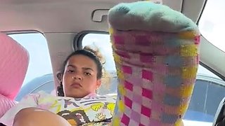 Brunette with foot fetish rubs big dick with her feet in POV