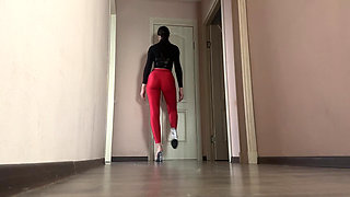 Asmr Mistress in Latex and Red Leggings Strides Across the Room