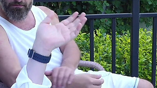 Shh... My Daddy Might Come Back! Slutty Daughter Fucks His Friend in the Backyard!