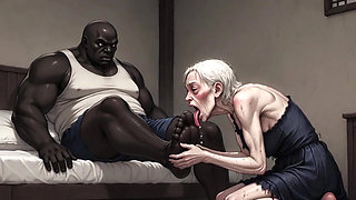 90 Year Old Granny Slave Licking Giant Black Man Feet - Wet Pussy Pleasure