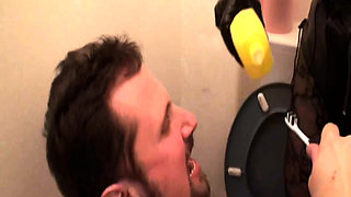 Femdom ladies humiliate slave at the toilet