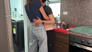 Caressing each other in the kitchen, latina lesbians make out like crazy
