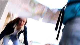 Small tit brunette gives a POV blowjob