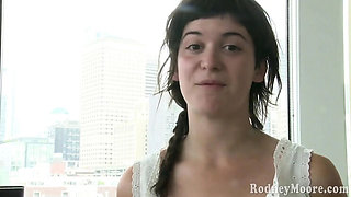 Shaggy young amateur chick gets nervous while undressing her bushy body hair