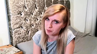 Blonde Housewife with big boobs masturbates with huge dildo