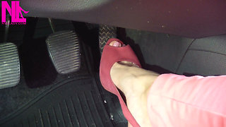 Barefoot Driving and Revving in Vivid Pink High Heeled Sandals