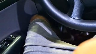Risky Roadside Blowjob - Amateur Redhead MILF with Glasses Gives Handjob in Car at Beach