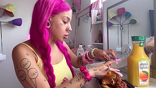 Mukbang Hot Chicken Spicy Facestuffing Bimbo Overeating Petite Teen Eating Sploshing POV Mozzarella Sticks Long Nails Food Eat