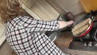 Sexy Blonde MILF Cooks Naked in Kitchen - No Panties, No Bra - Handjob, Big Natural Tits & Hairy Pussy